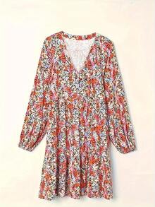 Vestido de manga larga, cuello en V, estampado floral, elegante y casual - Estilo Europeo/Estadounidense para Mujer - Rojo - Ver 4