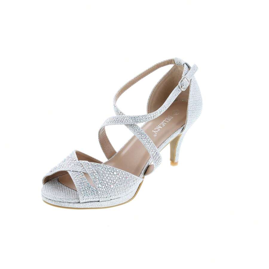 Women's Rhinestone Peep Toe Dressy Low Heel Pumps - 銀色 - 查看 1