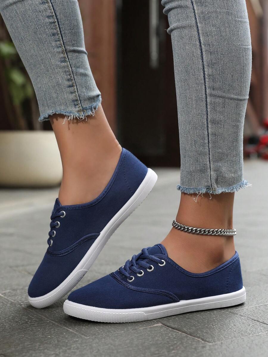 女士纯色帆布平底鞋，圆头系带透气防滑鞋，女士经典帆布鞋，纯色系带低帮休闲鞋，女士舒适鞋履，运动鞋，户外鞋