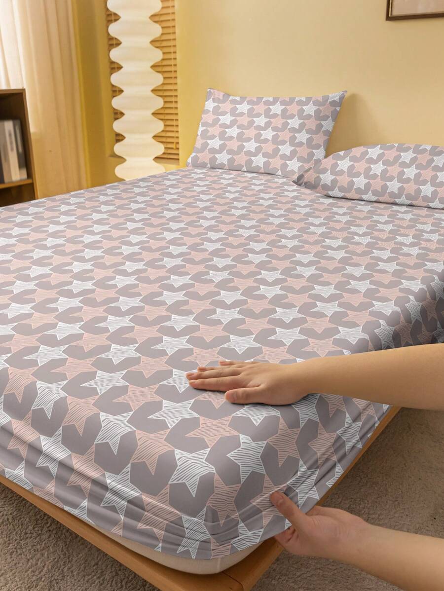 1 peça Lençol com Elástico Estampado com Padrão Geométrico de Estrela Vermelha e Branca, Capa de Cama Estampada para Quarto, Roupa de Cama (Fronha Não Incluída)