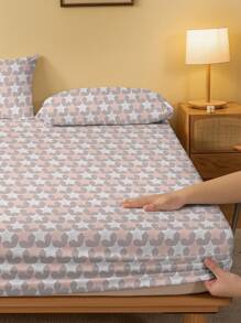 1 peça Lençol com Elástico Estampado com Padrão Geométrico de Estrela Vermelha e Branca, Capa de Cama Estampada para Quarto, Roupa de Cama (Fronha Não Incluída)