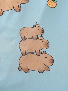 2pcs Cute Capybara Printed Ladies Lounge Wear Set, Short Sleeve Lapel Collar Top And Elastic Waist Shorts, Casual Pajamas And Homewear For Women, All Season, Two Pieces Set, Cool Light Blue