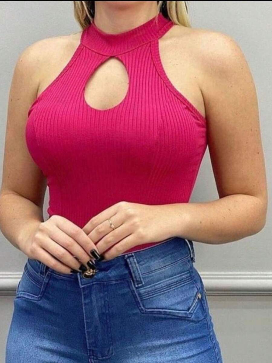 Blusinha Regata Decote Gota Canelada Gola Alta