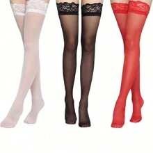 3Pairs Women's Hold-Up Stockings Black White Red Thigh Highs With Anti-Skid Narrow Lace Top Ladies Sexy Comfortable Sheer Knee High Stocking Tights Gifts For Women Girls Supplies