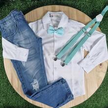 Jeans With White Long Sleeve Shirt And Children's Mint Tie And Suspender Kit - 白色 - 查看 2