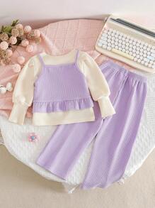 3pcs/Set Young Girls Fashion Casual Long Sleeve Top + Floral Print Cami + Pants Outfit - Purple - View 2