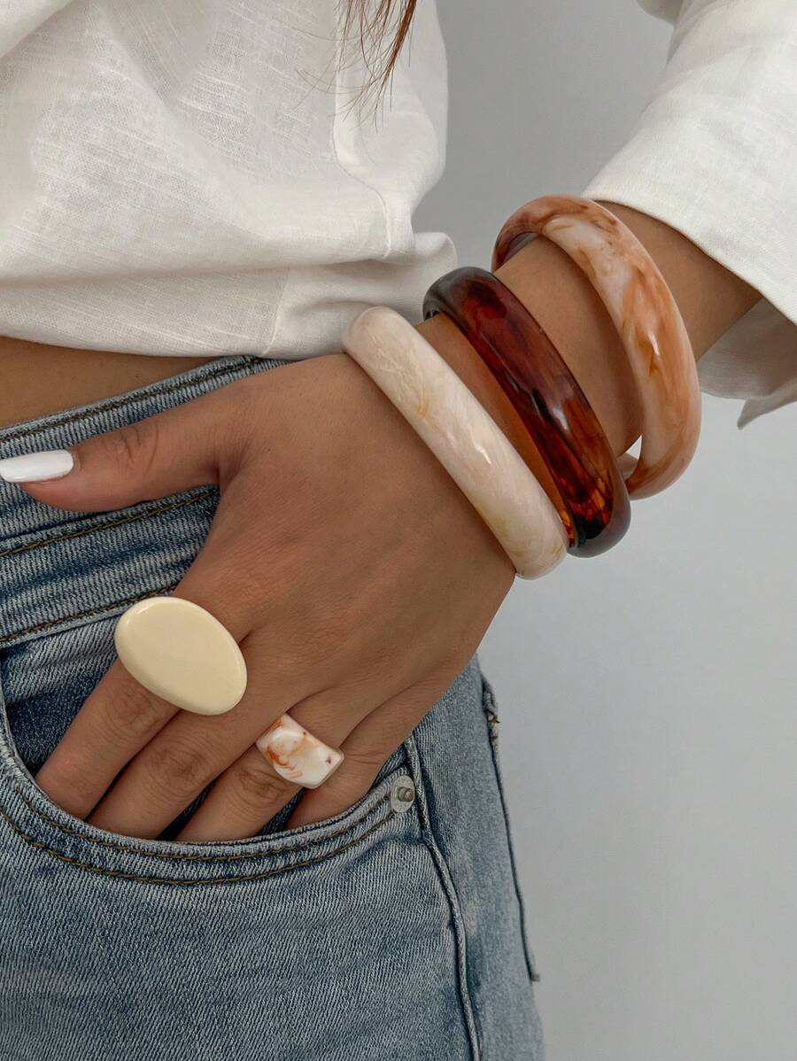 3 件/套复古简约别致树脂圆形手镯，个性化精致渐变色设计腕口，女士日常佩戴，节日礼物，多场合珠宝套装 - 彩色 - 查看 1