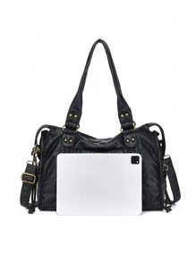 New Women's Handbag, Washed Fabric Tote Bag, Large Capacity, Perfect For Back To School, College, High School, Workplace - Black - View 6