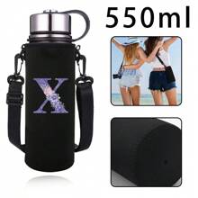 1pc Water Bottle Carrier Bag For 550ml 750ml  1000ml 1500ml Cup Pink Flower Letter Printed Anti Scald , Neoprene Bottle Protective Holder With Adjustable Strap, Suitable For Hiking Travelling Camping Sports Water Bottle Case Insulated Bag Crossbody - Black - View 15
