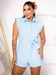 Women's Clothing/Romper/Sash/Linen - 寶藍色 - 查看 1