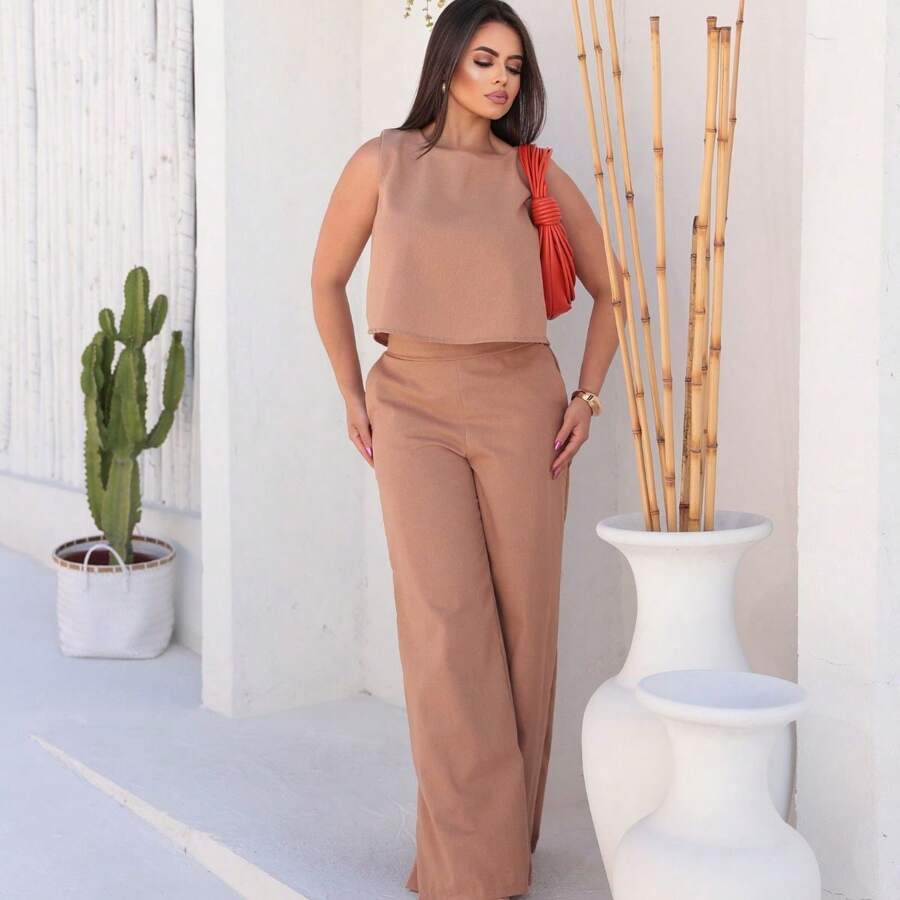 Women's Linen Pants And Stylish Blouse Set - Khaki - View 1
