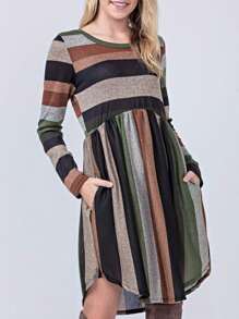 Boho Retro Vintage Mint Olive Coral Purple Pink  Navy Mint Multi Stripe  Knit Swing Dress | Small -3XL Plus - 橄欖綠 - 查看 4