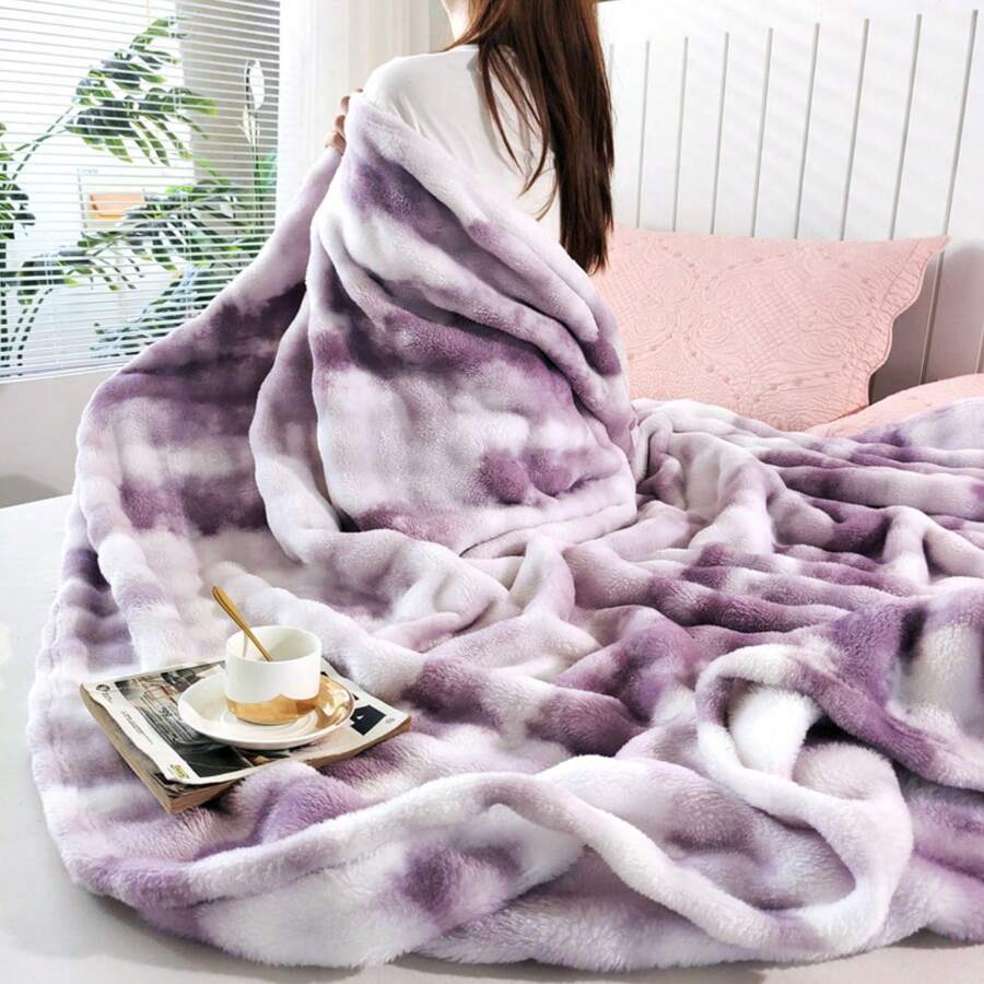 1pc New Style Printed Patchwork Plush Fleece Blanket, Soft Flannel (Polyester Fiber), Suitable For Warm Travel Home All Season