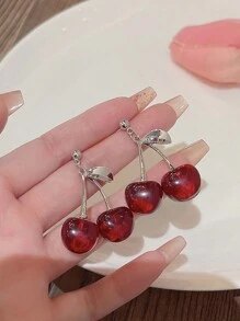 1 对百搭复古红樱桃耳环，时尚甜美女士耳钉 - 紅色 - 查看 3