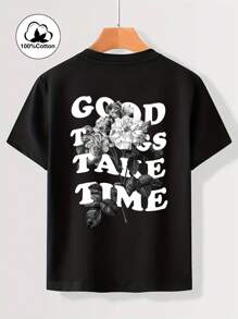 1st Jongens Casual Bedrukt Ronde Hals Korte Mouw T-shirt, Zomer Studentenkleding