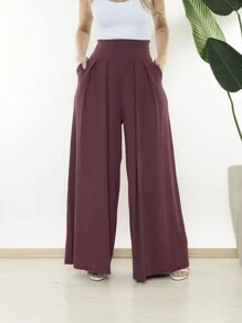 Loose Wide Leg Pantalona Pants Viscolycra Mesh Wide Waistband High Waist Pleats - Burgundy - View 5
