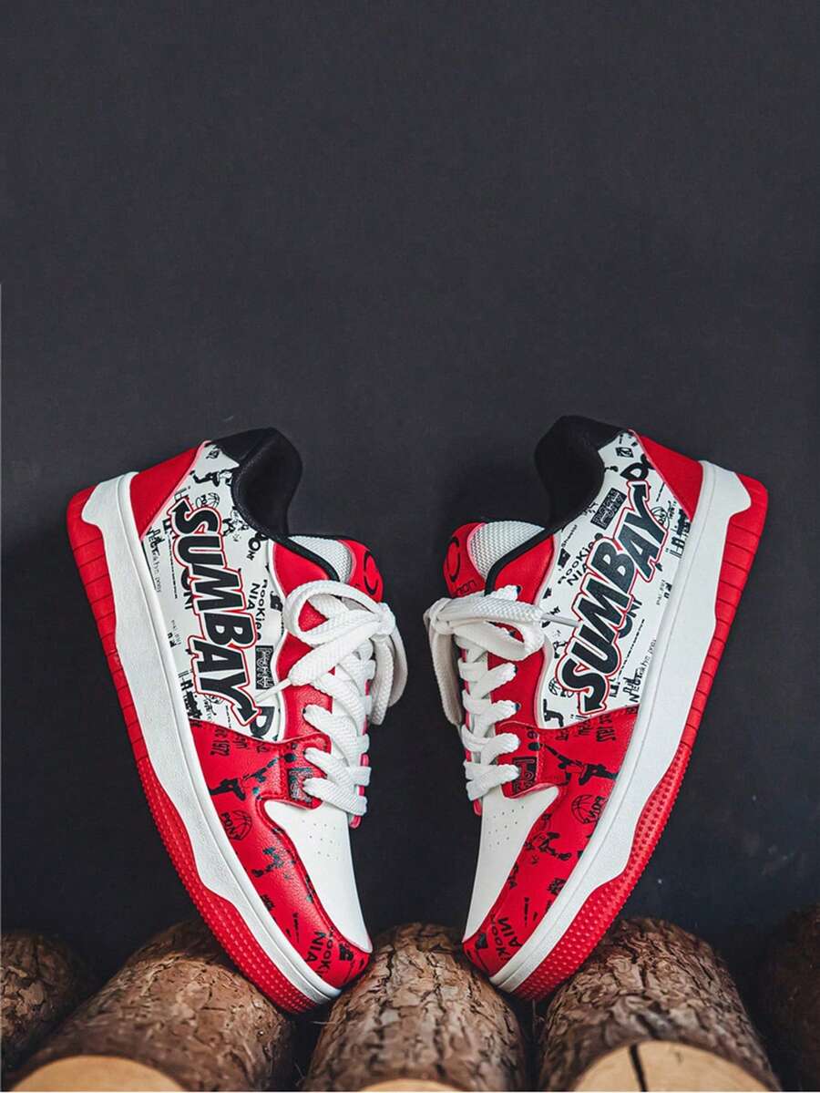 男士时尚滑板鞋，耐磨防滑系带休闲运动鞋，男士街头风格鞋 - 白紅 - 查看 1