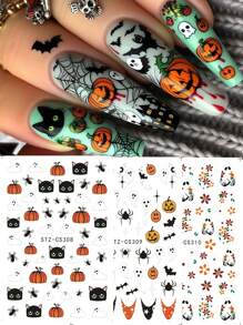 2/3PCS Autumn Leaf Pumpkin Nail Stickers Ghost Spider Blakc Cat Fox Beetle Design Self-Adhesive Slider Decor Small Simple Flower Festive Decoration Manicure Foils - Multicolor - View 5