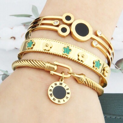3pcs/Set Bohemian Style Gold-Plated Jewelry 5-Petal Flower Stainless Steel Bangle, Multilayer Crystal Clover Bracelet, Holiday Gift For Women