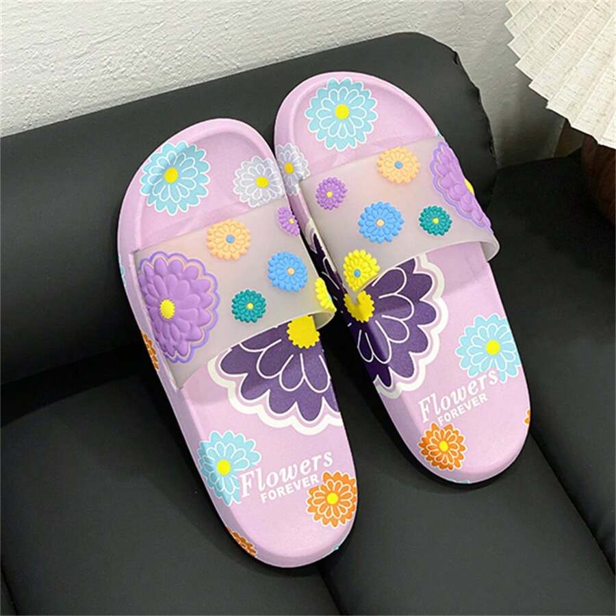 Neue niedliche Blumen Hausschuhe für Frauen, für drinnen/Outdoor, weiche Sohle, rutschfest & geruchsabweisend, Badezimmer Hausschuhe, Sommer - Violett - Übersicht 1