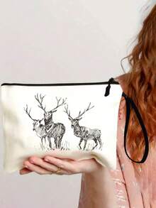 1pc Women's Deer Print Makeup Bag, Fashionable Cosmetic Bag Suitable For Makeup And Travel, Lovely Coin Purse, Lightweight Storage Bag - Perfect Birthday And Friendship Gift For Women - Beige - View 4