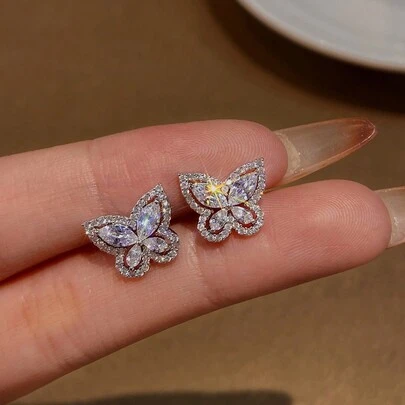1 Đôi bông tai hình bướm pha lê rỗng tinh tế, chất liệu bạc S925 hoặc bạc Sterling 925, kiểu dáng tối giản thanh lịch, bông tai nữ, quà tặng trang sức tinh xảo, quà tặng dự tiệc, quà sinh nhật, phụ kiện hẹn hò.
