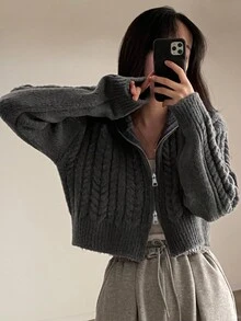 Early Spring Korean Style Cropped Cable Knit Zip-Up Cardigan Sweater For Women, Soft Vibe - Dark Grey - View 4