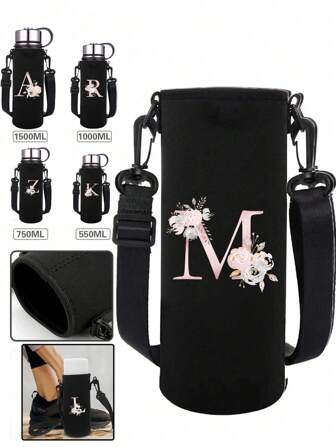 1 件水瓶手提袋，适用于 550ml 750ml 1000ml 1500ml 杯子，粉色花朵字母印花防烫，氯丁橡胶瓶保护架，带可调节肩带，适合徒步旅行露营运动水瓶套保温袋斜挎包旅行必需品旅行配件旅行必备品海滩度假暑假学校配件返校用品