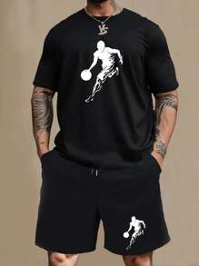 Men's Short Sleeve T-Shirt And Drawstring Shorts Set, Sporty Casual Style, For Spring Summer - 黑色 - 查看 1