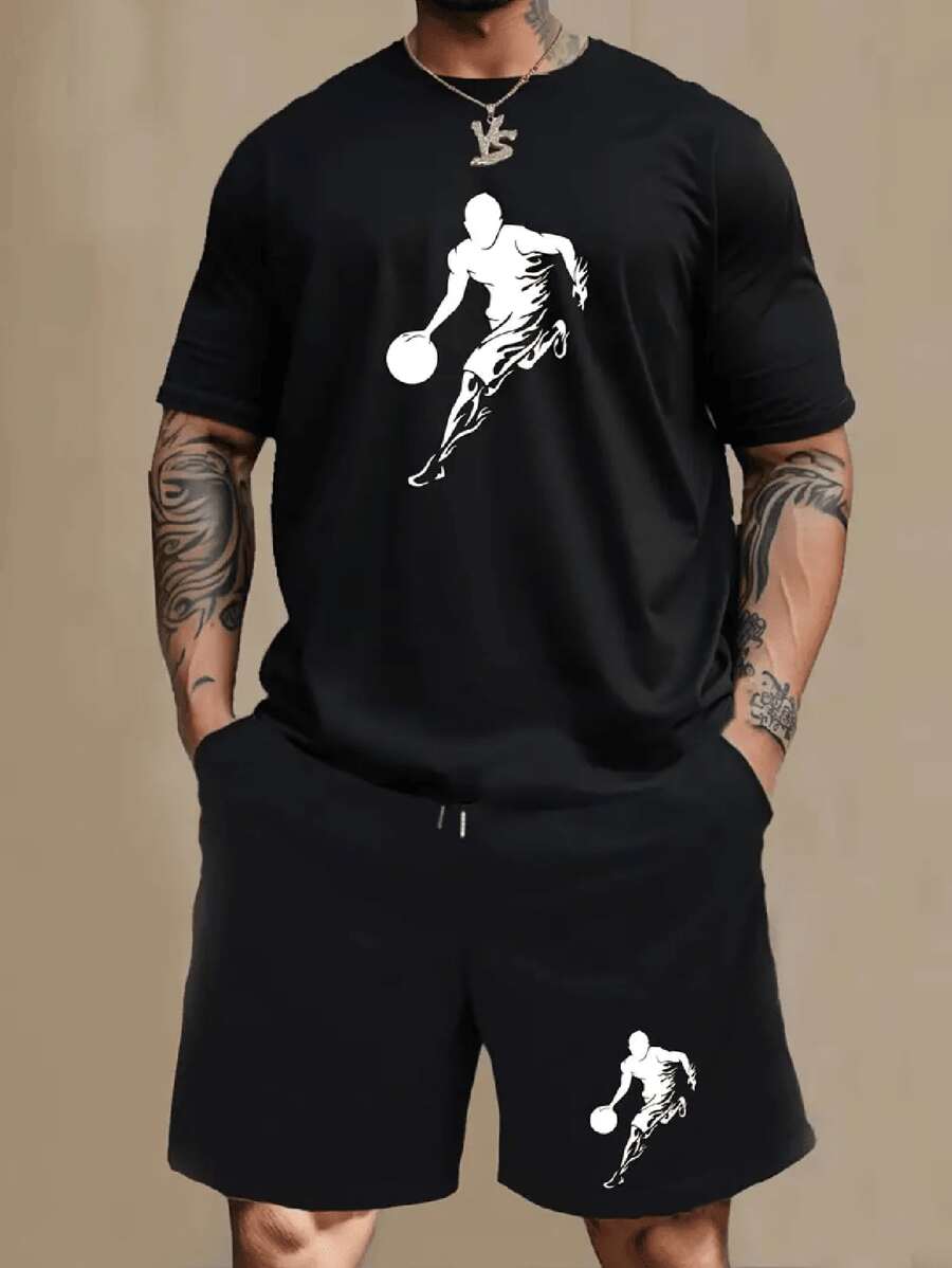 Men's Short Sleeve T-Shirt And Drawstring Shorts Set, Sporty Casual Style, For Spring Summer - 黑色 - 查看 1