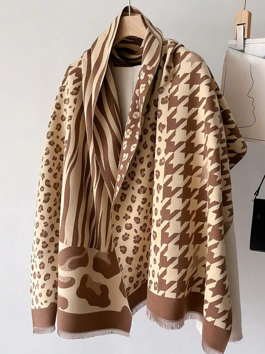 1 chiếc khăn choàng Cashmere giả họa tiết da báo và răng sói có thể đảo ngược, khăn choàng quấn dày ấm áp cho phụ nữ dùng trong phòng mát và mặc hàng ngày, mùa đông - Nhiều màu - Xem 1