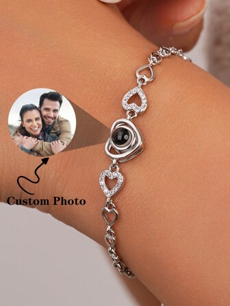 1pc Customized Heart Shape Projection Bracelet, Personalized Heart Image Projection Bracelet For Women, Girlfriend Gift, Valentine's Day Gift, Christmas Gift, Mother's Day Gift, Gift For Her Silver,Gold,Rose Gold Stylish,Fall Fashion,Contracted,Simple,Casual,Old Money,Soccer Mom Custom,Personalized,Unique Ideal Gifts For Her Girlfriend,Mom,Family,Friends,Daughter,Her,Grandparents For Anniversaries,For Birthdays,For Daily Wear,For Prom,For Mother's Day,For Valentine's Day,For Graduation,For Weddings,School Supplies,Back To School,School Gift,For Office,For School,For Classroom,For Teacher Gifts,For University,For Colleague,For Dorm Rooms,For Teacher,For Boys And Girls,For Teenagers,Junior High School Students,Middle School Students,High School Senior High School Students,College Students,University Students,Freshman,Sophomore,Underclassmen,Customized Fashion Photo Bracelets,Chic Autumn,Delicate Romance, Utilitarian Chic, Look Glamour