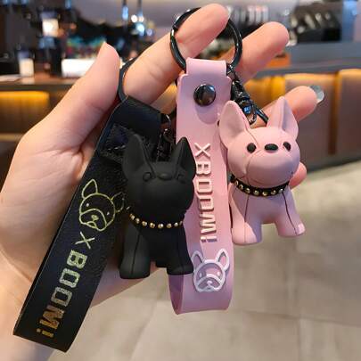 1 件创意卡通小狗钥匙扣，可爱树脂斗牛犬雕像，时尚钥匙扣，适用于汽车、背包、耳机、日常使用学校汽车配件哥特 Y2K