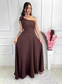 Long Luxury Plain Duna Linen Dress With Bow One Shoulder - Brown - View 1