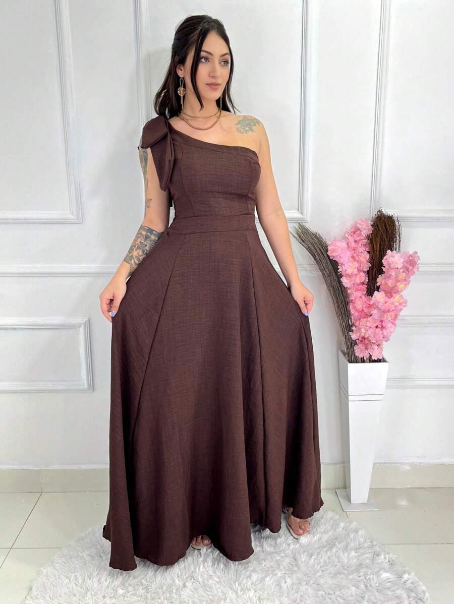 Long Luxury Plain Duna Linen Dress With Bow One Shoulder - Brown - View 1