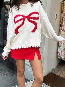 Women Bow Knit Sweater,Long Sleeve Tops - White - View 3