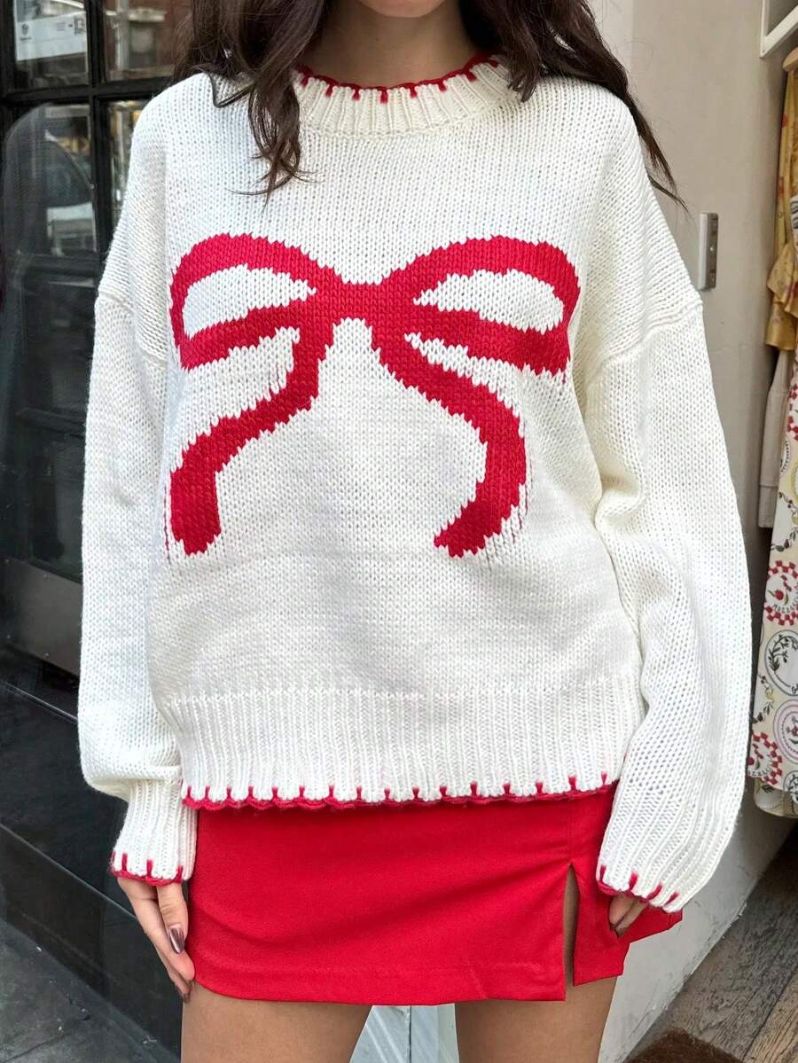 Women Bow Knit Sweater,Long Sleeve Tops - White - View 1