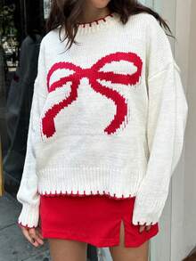 Women Bow Knit Sweater,Long Sleeve Tops - White - View 2