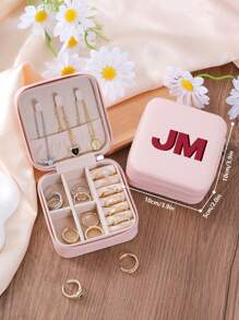 1pc Personalized 2D Initials Jewelry Box,Custom Colored Monogram Portable PU Leather Jewelry Storage Box For Travel,Ideal Gift For Halloween, Christmas, New Year,Young Girls,Mom,Birthday,Bridesmaid