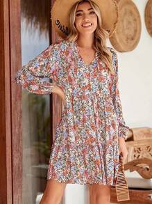 Vestido de manga larga, cuello en V, estampado floral, elegante y casual - Estilo Europeo/Estadounidense para Mujer - Rojo - Ver 1