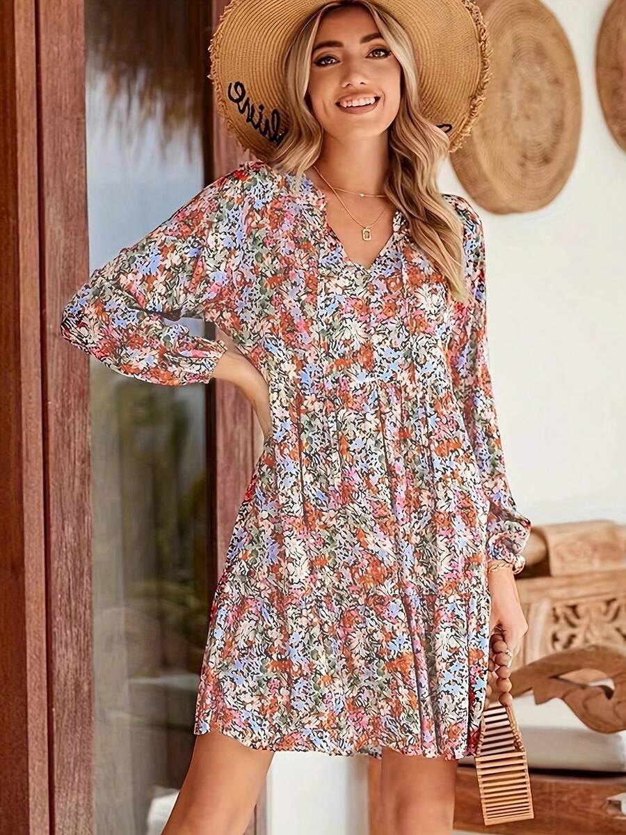 Vestido de manga larga, cuello en V, estampado floral, elegante y casual - Estilo Europeo/Estadounidense para Mujer - Rojo - Ver 1