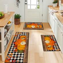 1pc Autumn Pumpkin Print Carpet, Thanksgiving Pumpkin & Maple Leaf Checkered Rug For Kitchen, Living Room, Entryway, Decorative Machine Washable Non-Slip Floor Mat, Great Fall Gift For Family & Friends