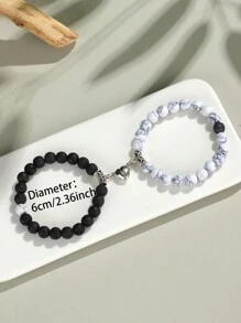 2pcs Classic Heart Magnetic Clasp Bracelet Set, Turquoise Represents Luck & Success, Crystal Energy Stone Bracelet, Friendship/Couple Valentine's Gift, Daily Accessory, 8mm Beads Crystal Bracelet Set - Multicolor - View 20