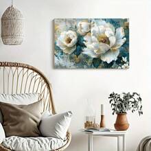 1pc Framed Canvas Poster, Colorful Turquoise Floral Teal Artwork Wall Art Canvas Paintings, Ideal Gift For Bedroom Living Room Corridor, Wall Art, Wall Decor, Winter Decor, Room Decoration - Multicolor - View 3