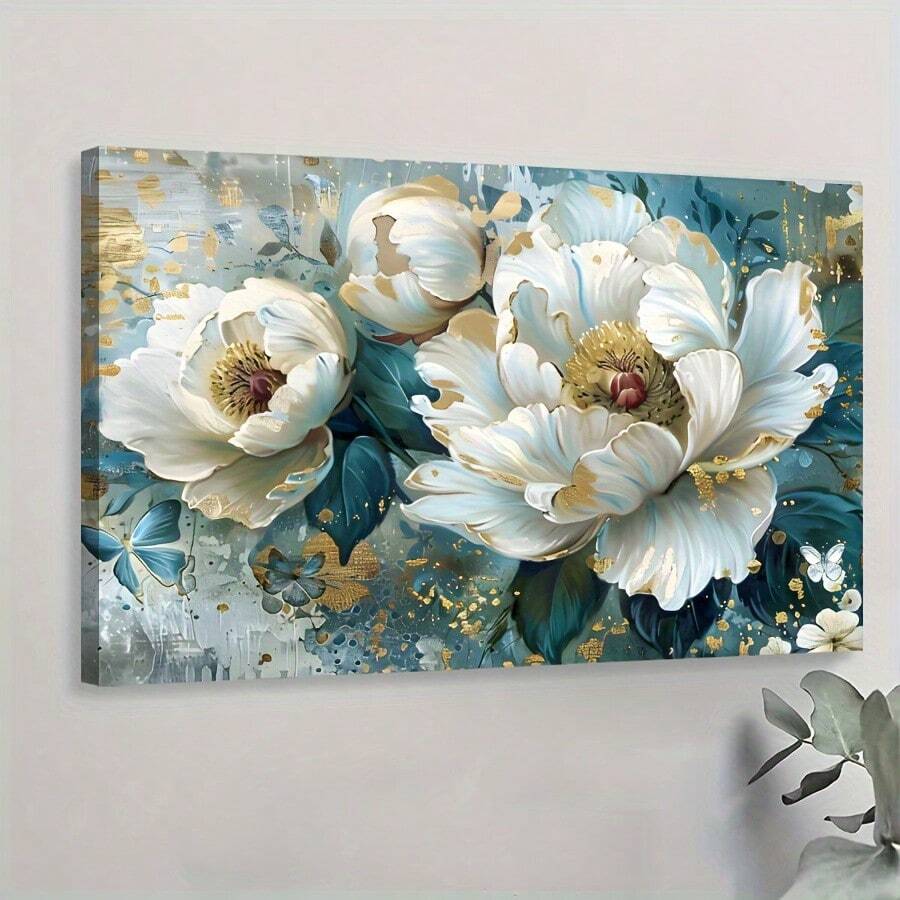 1pc Framed Canvas Poster, Colorful Turquoise Floral Teal Artwork Wall Art Canvas Paintings, Ideal Gift For Bedroom Living Room Corridor, Wall Art, Wall Decor, Winter Decor, Room Decoration - Multicolor - View 1