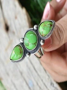 1 pieza Anillo de moda unisex elegante y vintage incrustado con 3 piedras de turquesa, perfecto para aniversarios, cumpleaños, festividades, fiestas