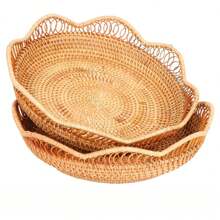 1pc 8.6/11.8 Inch Woven Rattan Wavy Hollow Floral Edge Fruit Basket/Snack Tray, Creative Storage Basket