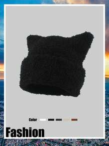 1pc Plush Cat Ear Knitted Beanie Hat, Warm Lined Autumn Winter Cute Earflap Cap Halloween - Multicolor - View 12