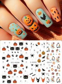 2/3PCS Autumn Leaf Pumpkin Nail Stickers Ghost Spider Blakc Cat Fox Beetle Design Self-Adhesive Slider Decor Small Simple Flower Festive Decoration Manicure Foils - Multicolor - View 4