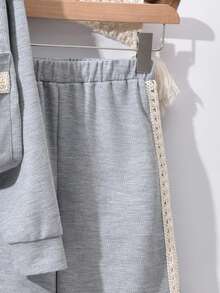 Vihyde Tween Girls Waffle Knit 2-Piece Set, Stand Collar Zip-Up Long Sleeve Jacket With Webbing Detail & Wide Leg Pants - Light Grey - View 6